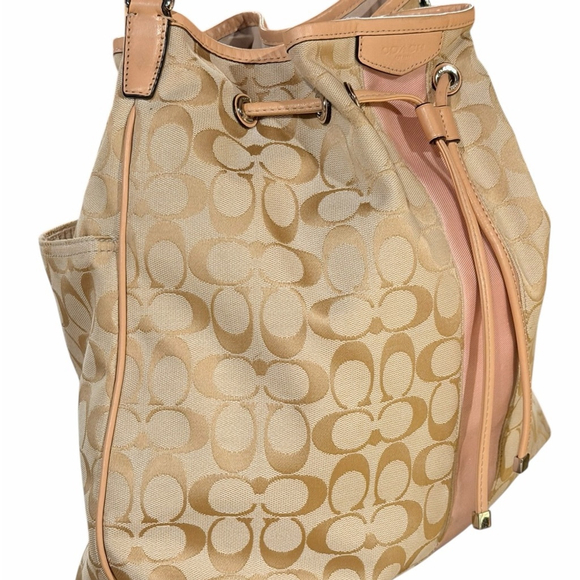 Coach Signature Stripe Drawstring Shoulder Bag Beige Pink - Picture 3 of 13